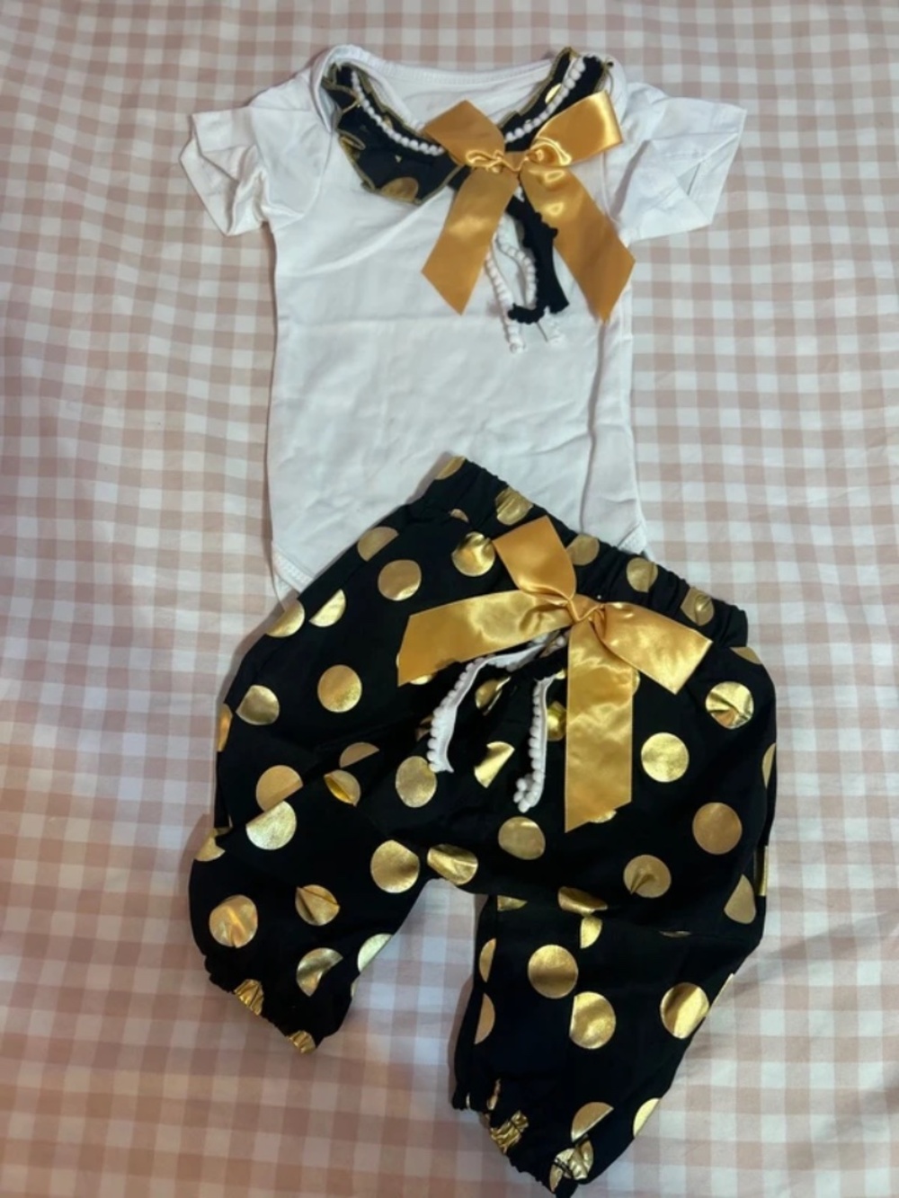 Boutique Adorable Metallic Gold Polka Dot Bow Pom Pom New Matching Set Sz. 0-3m
